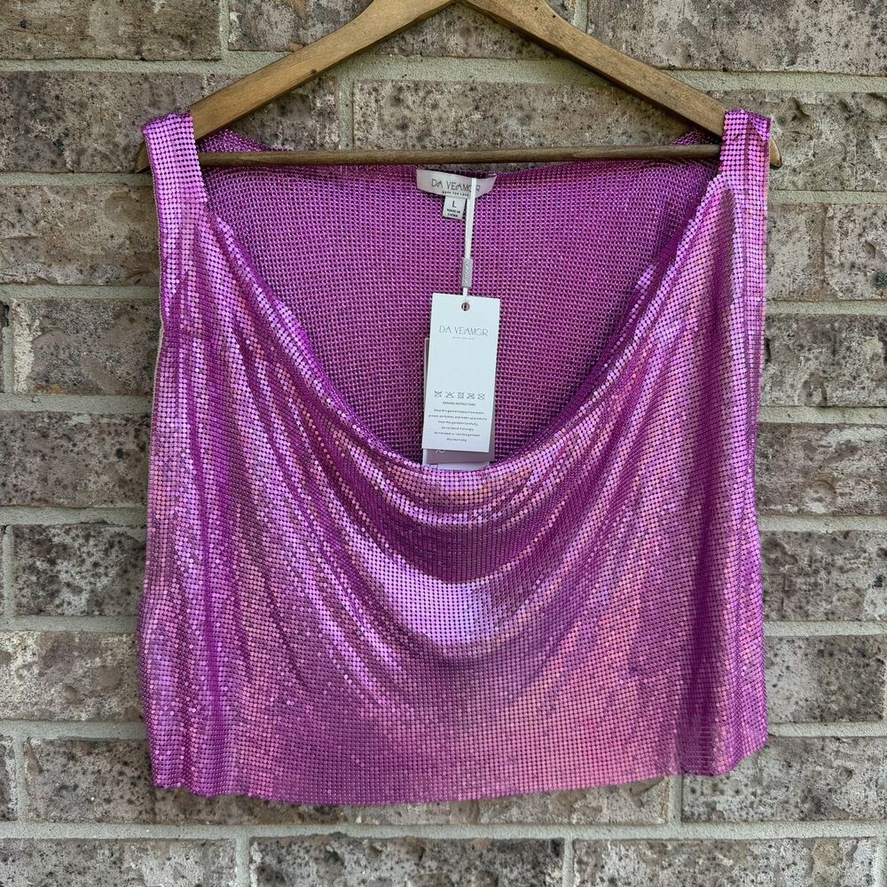 DA VEAMOR Pink Chainmail Cowl Neck Halter Top L Lined Cropped Party Festival